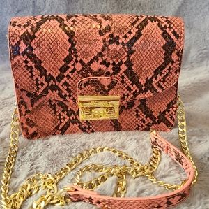 NWOT BCBG small crossbody purse snakeskin print in peach with gold chain strap